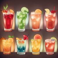 AI generated Cocktail Mocktail Drinks Collection Illustration Water Color Simple Background photo