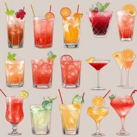 AI generated Cocktail Mocktail Drinks Collection Illustration Water Color Simple Background photo