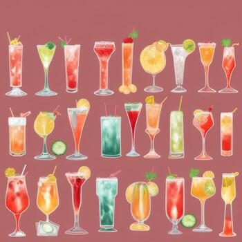 AI generated Cocktail Mocktail Drinks Collection Illustration Water Color Simple Background photo