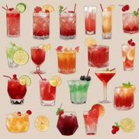 AI generated Cocktail Mocktail Drinks Collection Illustration Water Color Simple Background photo