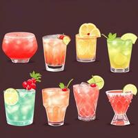 AI generated Cocktail Mocktail Drinks Collection Illustration Water Color Simple Background photo