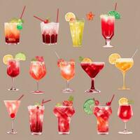 AI generated Cocktail Mocktail Drinks Collection Illustration Water Color Simple Background photo