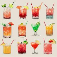 AI generated Cocktail Mocktail Drinks Collection Illustration Water Color Simple Background photo