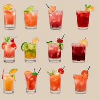 AI generated Cocktail Mocktail Drinks Collection Illustration Water Color Simple Background photo