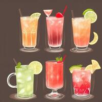 AI generated Cocktail Mocktail Drinks Collection Illustration Water Color Simple Background photo