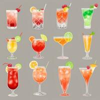 AI generated Cocktail Mocktail Drinks Collection Illustration Water Color Simple Background photo