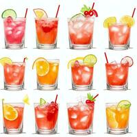 AI generated Cocktail Mocktail Drinks Collection Illustration Water Color Simple Background photo