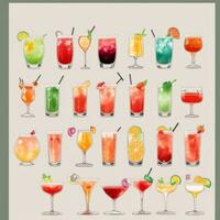 AI generated Cocktail Mocktail Drinks Collection Illustration Water Color Simple Background photo