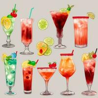 AI generated Cocktail Mocktail Drinks Collection Illustration Water Color Simple Background photo