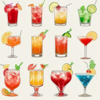 AI generated Cocktail Mocktail Drinks Collection Illustration Water Color Simple Background photo