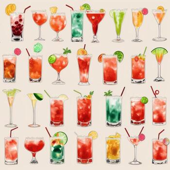 AI generated Cocktail Mocktail Drinks Collection Illustration Water Color Simple Background photo