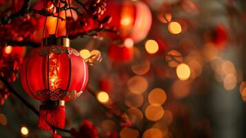 AI generated lunar new year background with hanging red latern photo