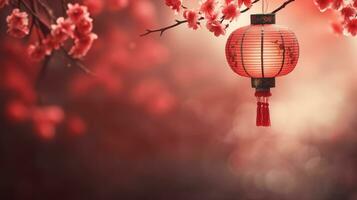 AI generated lunar new year background with hanging red latern photo