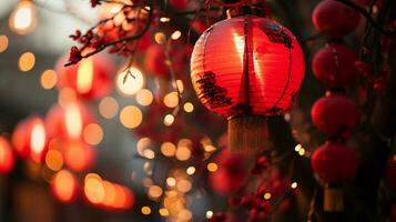 AI generated lunar new year background with hanging red latern photo