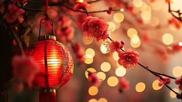 AI generated lunar new year background with hanging red latern photo