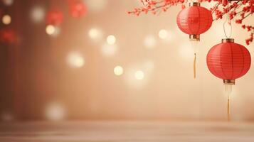 AI generated lunar new year background with hanging red latern photo