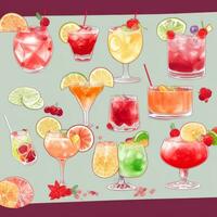 AI generated Cocktail Mocktail Drinks Collection Illustration Water Color Simple Background photo