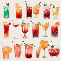 AI generated Cocktail Mocktail Drinks Collection Illustration Water Color Simple Background photo