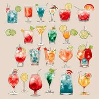AI generated Cocktail Mocktail Drinks Collection Illustration Water Color Simple Background photo