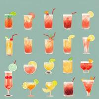 AI generated Cocktail Mocktail Drinks Collection Illustration Water Color Simple Background photo