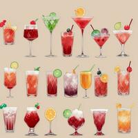 AI generated Cocktail Mocktail Drinks Collection Illustration Water Color Simple Background photo