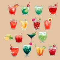 AI generated Cocktail Mocktail Drinks Collection Illustration Water Color Simple Background photo