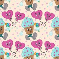 Seamless pattern with cupcakes and balloons in the form of hearts. Cartoon characters in retro style of the 50s, 60s. Vector illustration for Valentine's Day. Characters in love.