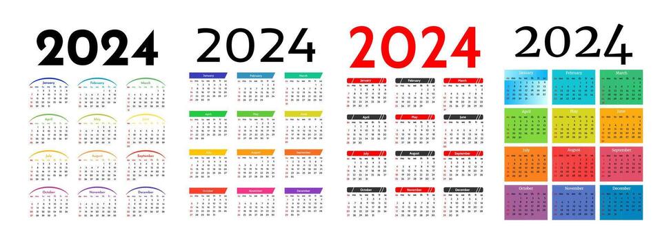 Set of four vertical calendars for 2024 isolated on a white background. Sunday to Monday, business template. Vector illustration