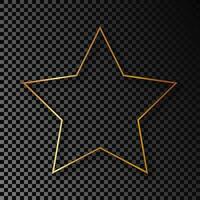 Gold glowing star shape frame with shadow isolated on dark background. Shiny frame with glowing effects. Vector illustration.