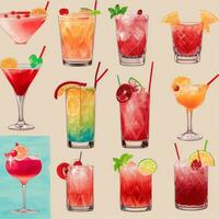 AI generated Cocktail Mocktail Drinks Collection Illustration Water Color Simple Background photo