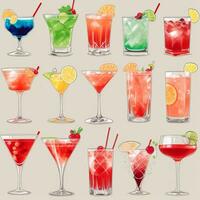 AI generated Cocktail Mocktail Drinks Collection Illustration Water Color Simple Background photo