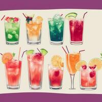 AI generated Cocktail Mocktail Drinks Collection Illustration Water Color Simple Background photo