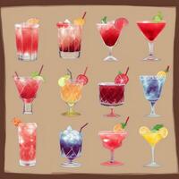 AI generated Cocktail Mocktail Drinks Collection Illustration Water Color Simple Background photo