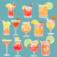 AI generated Cocktail Mocktail Drinks Collection Illustration Water Color Simple Background photo