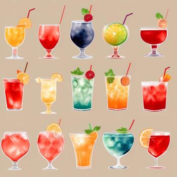 AI generated Cocktail Mocktail Drinks Collection Illustration Water Color Simple Background photo