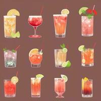 AI generated Cocktail Mocktail Drinks Collection Illustration Water Color Simple Background photo