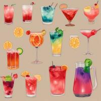 AI generated Cocktail Mocktail Drinks Collection Illustration Water Color Simple Background photo