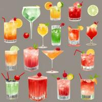 AI generated Cocktail Mocktail Drinks Collection Illustration Water Color Simple Background photo