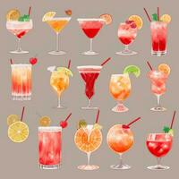 AI generated Cocktail Mocktail Drinks Collection Illustration Water Color Simple Background photo