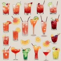 AI generated Cocktail Mocktail Drinks Collection Illustration Water Color Simple Background photo