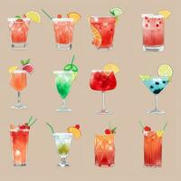 AI generated Cocktail Mocktail Drinks Collection Illustration Water Color Simple Background photo