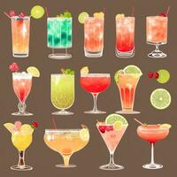 AI generated Cocktail Mocktail Drinks Collection Illustration Water Color Simple Background photo