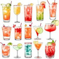 AI generated Cocktail Mocktail Drinks Collection Illustration Water Color Simple Background photo