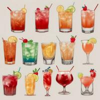 AI generated Cocktail Mocktail Drinks Collection Illustration Water Color Simple Background photo