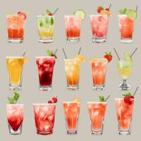 AI generated Cocktail Mocktail Drinks Collection Illustration Water Color Simple Background photo