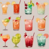 AI generated Cocktail Mocktail Drinks Collection Illustration Water Color Simple Background photo