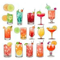 AI generated Cocktail Mocktail Drinks Collection Illustration Water Color Simple Background photo