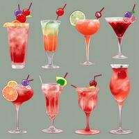 AI generated Cocktail Mocktail Drinks Collection Illustration Water Color Simple Background photo