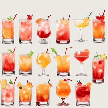 AI generated Cocktail Mocktail Drinks Collection Illustration Water Color Simple Background photo