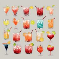 AI generated Cocktail Mocktail Drinks Collection Illustration Water Color Simple Background photo